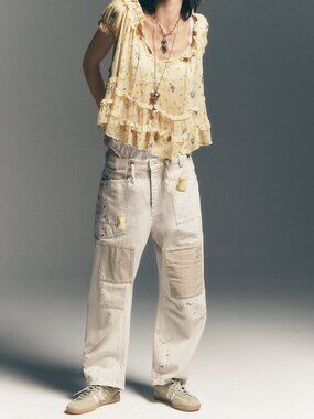 Free People We The Free Moxie Pull-On Barrel Jeans Brown Splatter NWOT Size 29